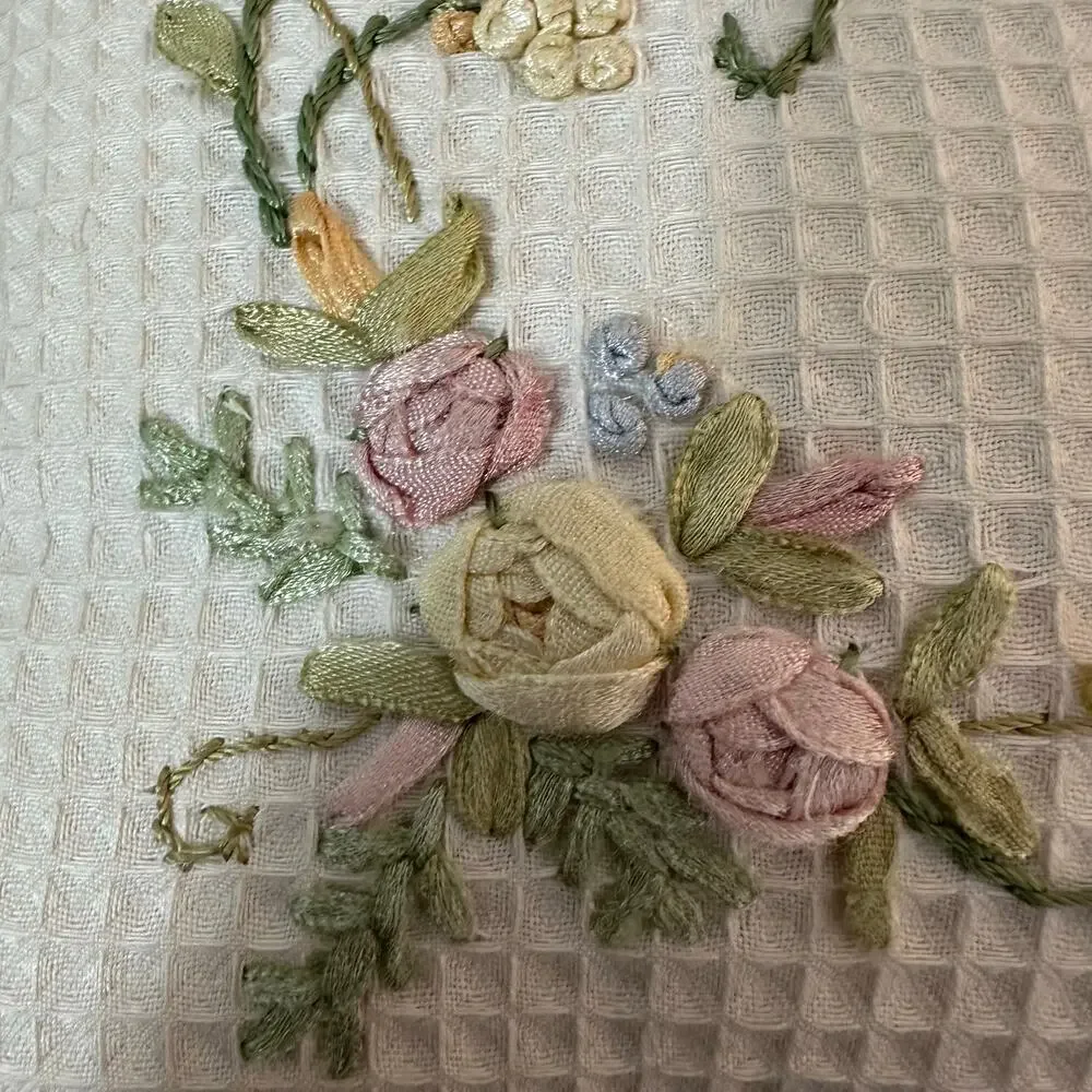 Peace Accent Embroidered Pillow Floral Inspirational Cottage Grannycore Ruffles‎